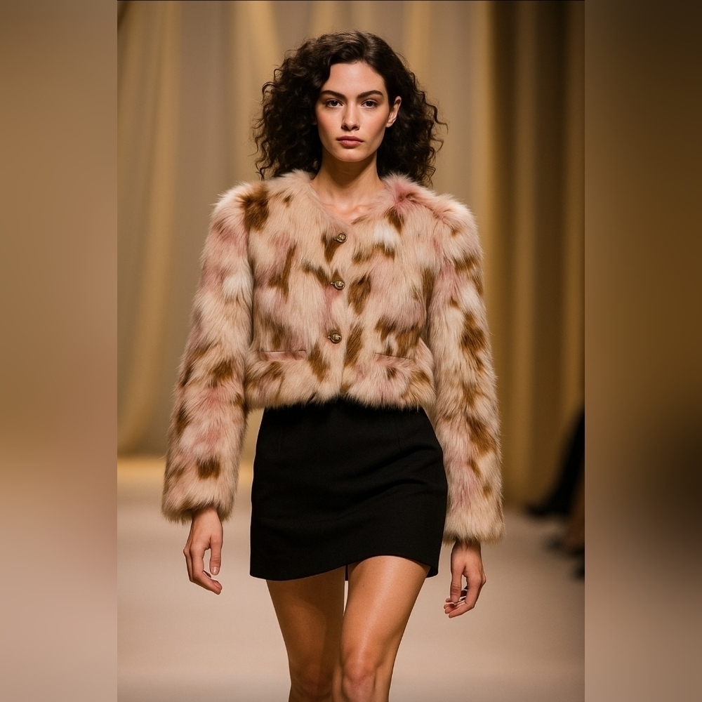 NIMO WANG Faux Fur Jacket Multicolor Pink Brown White |Boho Statement Outerwear